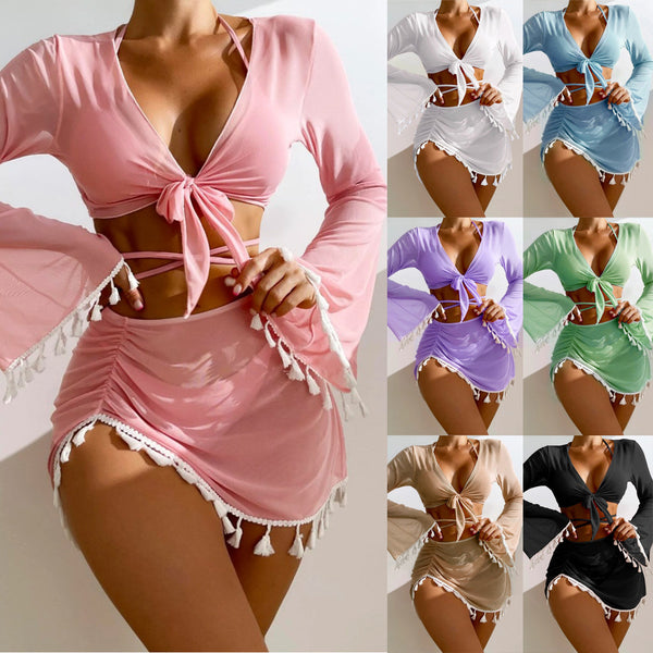 4pcs Solid Color Bikini with Short Skirt and Long Sleeve Cover-up