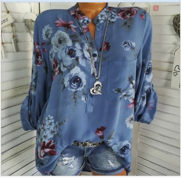 Women Long Sleeve Print Stand Collar Button Blouse