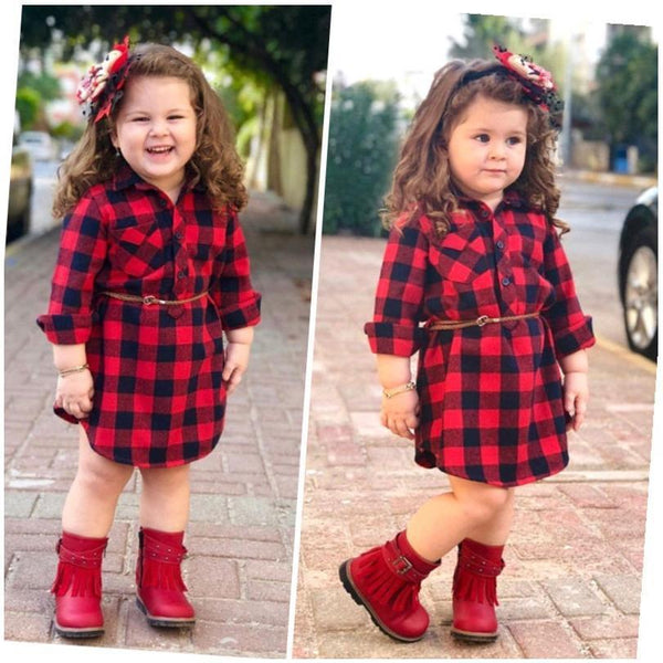 Girls Long Red Plaid Dress with Belt