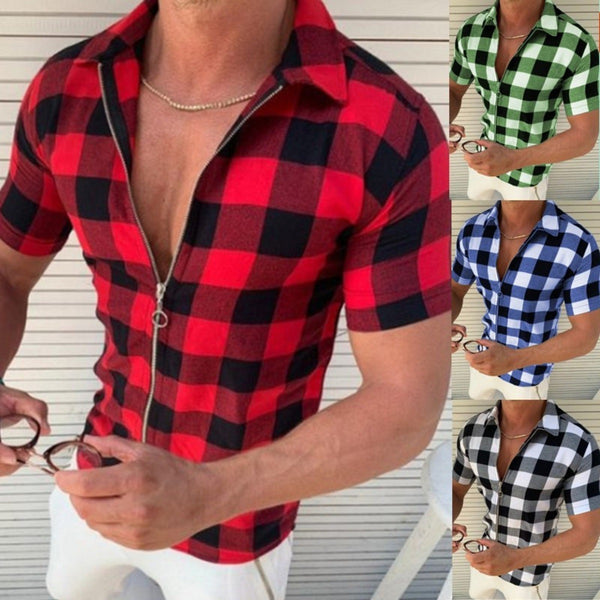 Plaid T Zipper Short Sleeve Shirts