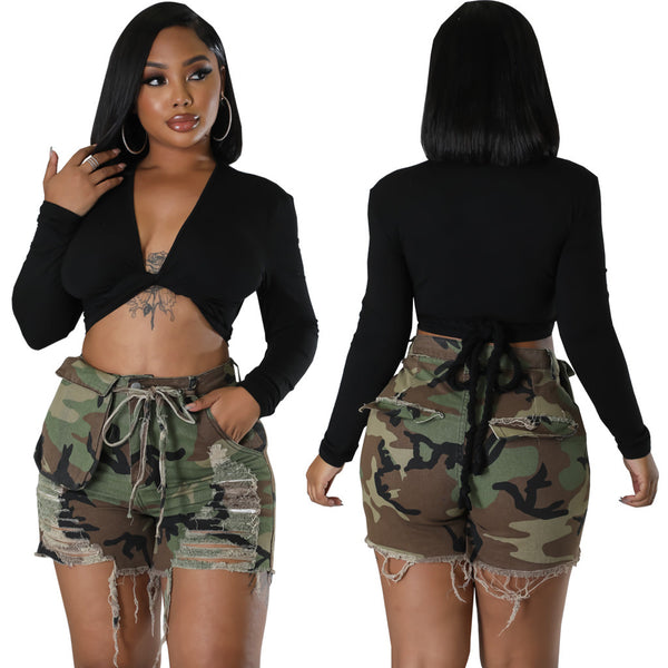 Stretch Camouflage Denim Shorts